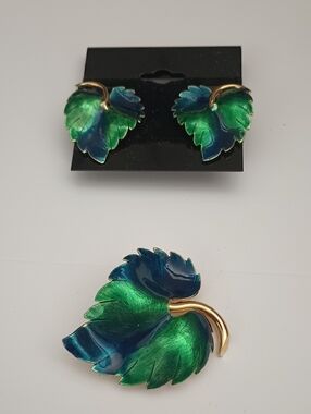 Green and Blue Enamel Leaf Brooch and Earrings Set
